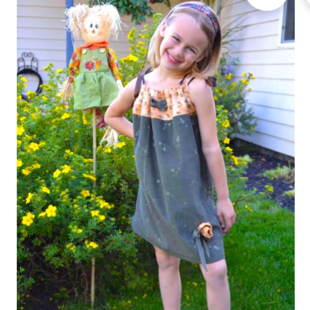 Handcrafted Set—girls cotton corduroy pine cone Fall pillowcase dress & bracelet
